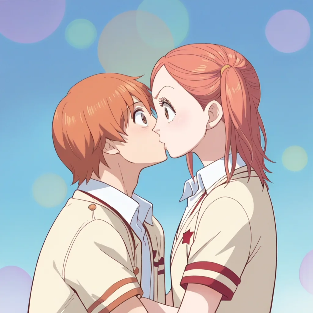score_9, score_8_up, score_7_up, source_anime, Risa Koizumi, ginger hair, very tall, school girl, stylish,brown eyes, big eyes, school uniform,<lora:Risa_Koizumi_SDXL:1>, wide eyed, 1boy, kiss, from side, abstract love background, best quality, masterpiece