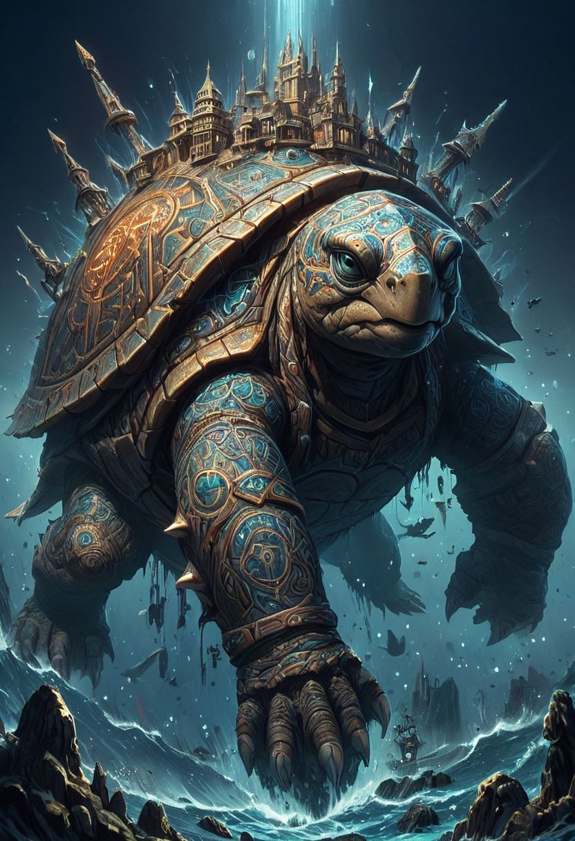 Big enormous giant energy turtle with magical fantasy city on its back, swimming in across monster ocean