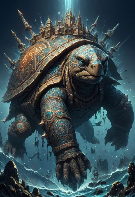 Big enormous giant energy turtle with magical fantasy city on its back, swimming in across monster ocean
