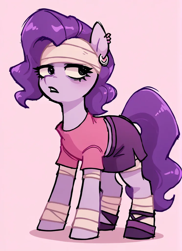 score_9, score_8_up, score_7_up, <lora:bsemz:1>bsemz , 1 girl , purple skin , bandages ,Earrings , purple hair, skirt ,cropped shirt , pink shirt , <lora:SyrupyyyArt:1>syrupyyy , (horse girl,:1.2) (pony girl:1.1) pony