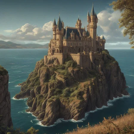 novuschroma17 style, outdoors, a below view of a grand castle upon a steep hill with cliffs leading to a deep ocean with tall towers guarding its sides