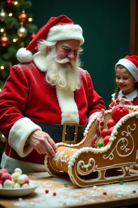 Santa Claus challenges the elves to a baking competition. Determined to win, he attempts an elaborate gingerbread sleigh. Flour covers his red suit, and candy pieces stick to his beard. His sleigh ends up looking more like a melted candy sculpture. The elves nervously present their creations, only to find out that Santa's taste test involves smashing each entry with a wooden mallet to test "structural integrity," leaving a trail of gingerbread debris and laughter.<lora:Sinfully_Stylish_.02_for_FLUX:1>âââ