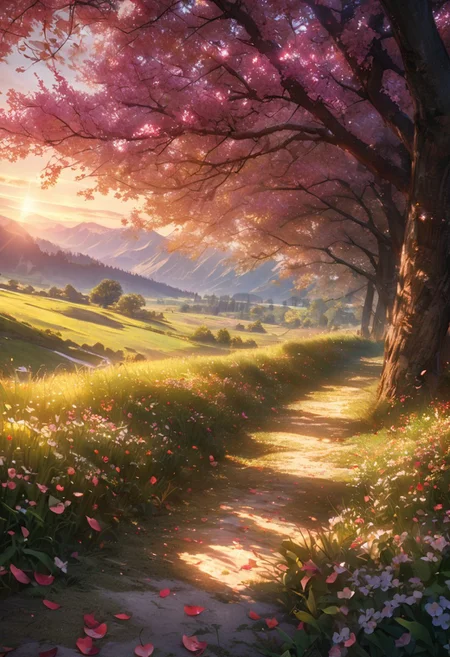 (best quality, 8k, high res, masterpiece:1.2), photorealistic, ultra-detailed, vibrant photography of a picturesque apple orchard at sunset. The trees are heavy with ripe, glistening apples in shades of red, green, and gold, their leaves a vibrant, healthy green. Sunlight filters through the branches, casting a warm, golden glow over the entire scene. Delicate apple blossoms still cling to some branches, adding a touch of soft pink and white to the landscape. The ground is covered with a lush carpet of grass and wildflowers, with fallen apples scattered about. A rustic wooden fence borders the orchard, and in the background, rolling hills and distant mountains are bathed in the warm, fading light of the setting sun. A gentle breeze rustles the leaves and carries the sweet scent of apples through the air. This idyllic scene captures the serene beauty and abundance of nature in exquisite detail. (dynamic angle, cinematic lighting, ethereal atmosphere:1.1), (extremely detailed:1.2), (vivid colors:1.3), (perfect composition:1.2), (sharp focus, stunning realism:1.2)