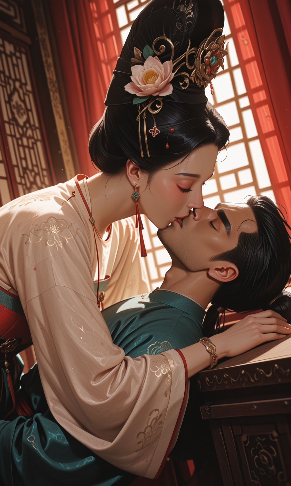 Top photography works, masterpiece, best quality, newest, absurdres, highres,  chenbo, 

(gsfh, 1girl and 1boy, kiss, deep kiss, couple, hetero, lyz and lc, lyz at left, lc at right), 
(1girl/lyz, princess, hanfu, bracelet, closed eyes, long sleeves, single hair bun, earrings, chinese clothes, black hair, hair bun, flower, hair ornament, jewelry), 
(1boy/lc, Round-collar robe, hat, hanfu), 
architecture, curtain, close-up, 
Dynamic posture, waist hugging, bending down,
Dynamic angle, 
beautiful atmosphere, 
masterpiece, best quality, amazing quality, very aesthetic, absurdres, newest, haute couture, 
 
light from one side, dark shadow,

