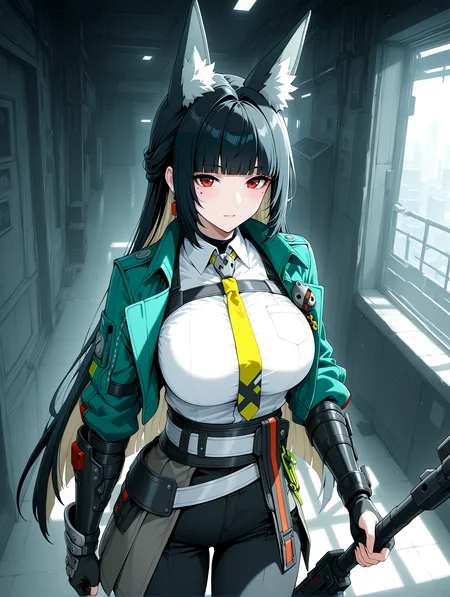 IllustriousQual <lora:cfg_scale_boost:0.3> <lora:StS-Illustrious-Detail-Slider-v1.0:3>,detailed_background,indoors,weapon,szai,fingerless gloves,zenless zone zero,single fingerless glove,closed mouth,dress shirt,fox ears,blonde hair,sidelocks,large breasts,blunt bangs,animal ears,holding weapon,black gloves,standing,partially fingerless gloves,yellow necktie,animal ear fluff,earrings,black pants,gauntlets,1girl,green jacket,expressionless,solo,skirt,mole under eye,izumi iro,red eyes,holding,black hair,hoshimi miyabi,breasts,jewelry,looking at viewer,pants,white shirt