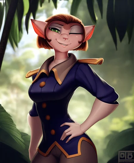solo, captain amelia, green eyes, uniform, smirk, wink, by pixelsketcher,by chromapan,by general-irrelevant, detailed background, jungle, highly detailed, best quality, cinematic lighting, photorealistic, <lora:CaptainAmeliaXL_02-Noob-nd32-na32-lr2-ep20:1>