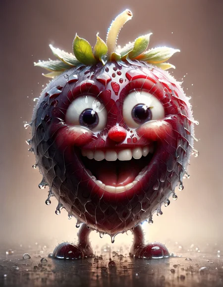 ((masterpiece:1.3,concept art,best quality)),very cute appealing anthropomorphic,looking at the viewer,big grin,happy,fruit,berry,droplets,macro,sunlight,fantasy art,dynamic composition,dramatic lighting,epic realistic,award winning illustration, made of ral-milkyglass <lora:ral-milkyglass-sdxl:1>