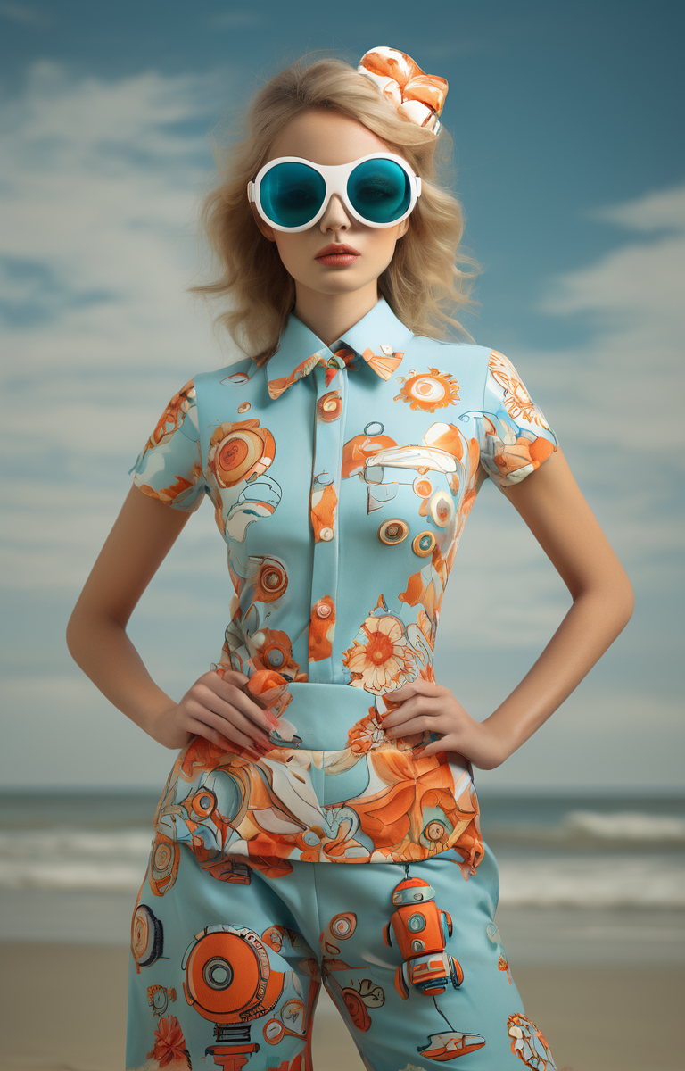 masterpiece,best quality,<lora:tbh265-sdxl:0.9>,illustration,style of Beachwear fashion portrait of Housework robots