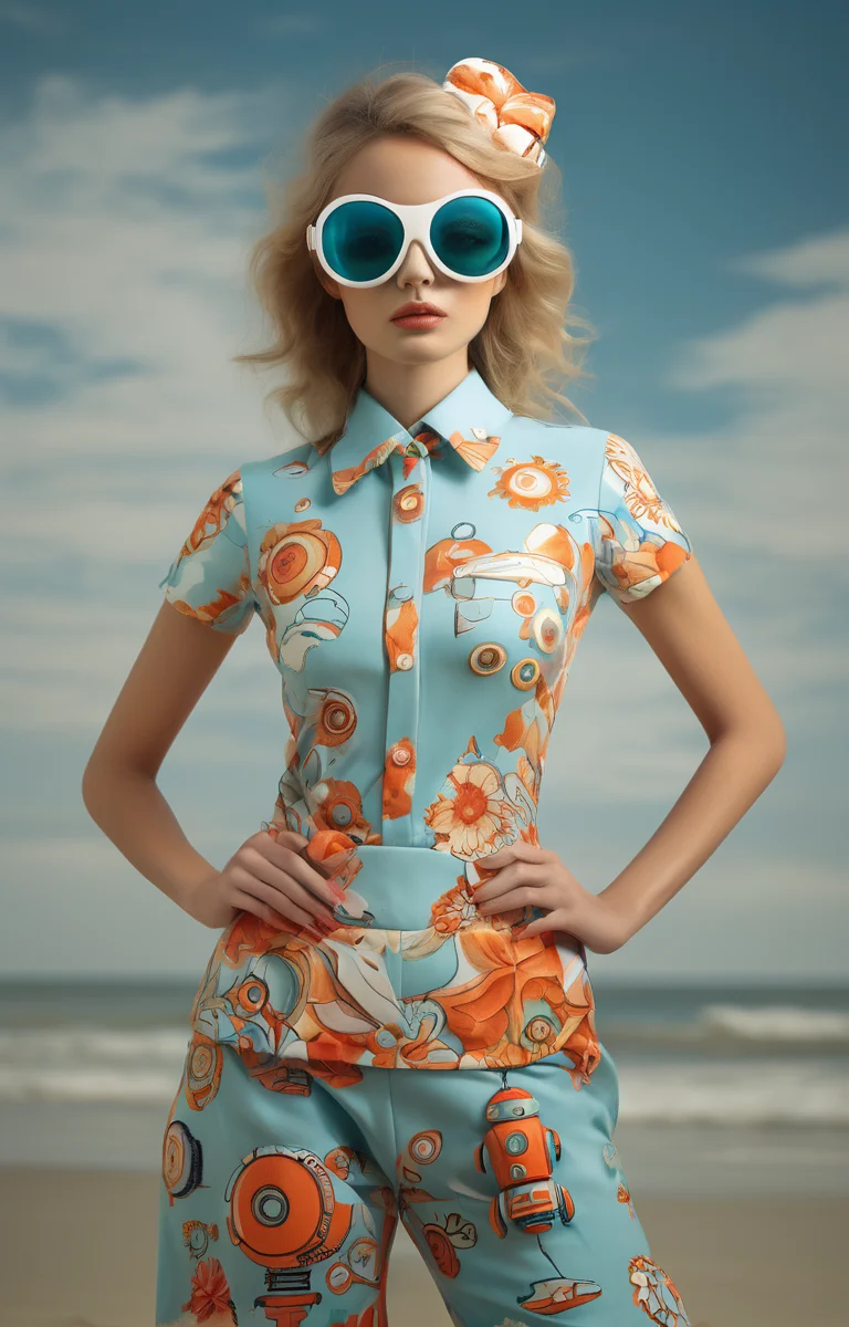 masterpiece,best quality,<lora:tbh265-sdxl:0.9>,illustration,style of Beachwear fashion portrait of Housework robots
