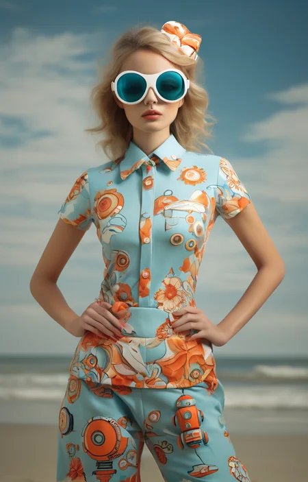 masterpiece,best quality,<lora:tbh265-sdxl:0.9>,illustration,style of Beachwear fashion portrait of Housework robots