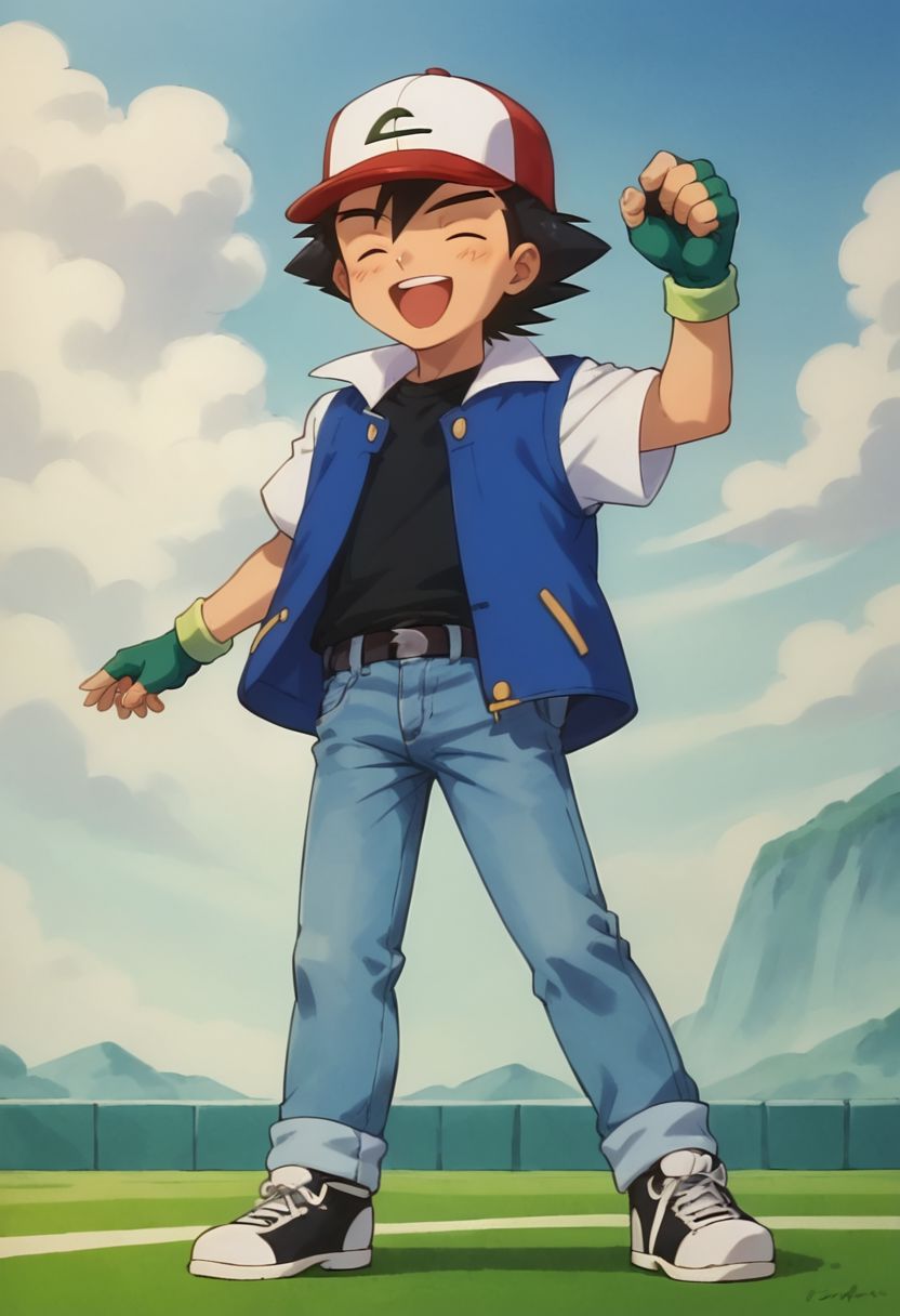 score_9, score_8_up, score_7_up, source_anime, highly detailed, 1boy, solo, male_focus, slender, skinny, full body,
ash_kanto, hat, gloves, solo, fingerless gloves, baseball cap, black hair, jeans, blue jacket, 
indoor, pokemon gym, human child, rejoining, arms raised, closed eyes, open mouth, happy, jumping,