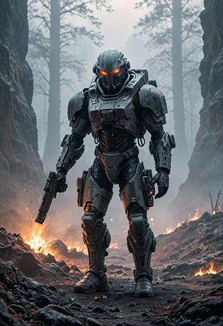 Alien-themed score_9, score_8_up, score_7_up, futuristic style hardened soldier, walking through thick eerie fog, fog mixed with fire and smoke shrouding an otherworldly terrain, holding a sleek advanced laser rifle with both hands, towering monolithic machine in the background, machine was abandoned by some mysterious civilization, sunbeam filters through the dense fog and smoke, a somber serenity that belies the inherent danger. <lora:RMSDXL_Enhance:1.0>,
<lora:sdxl_lightning_8step_lora:1.0> . sleek, modern, ultramodern, high tech, detailed,, rating_safe, . Extraterrestrial, cosmic, otherworldly, mysterious, sci-fi, highly detailed