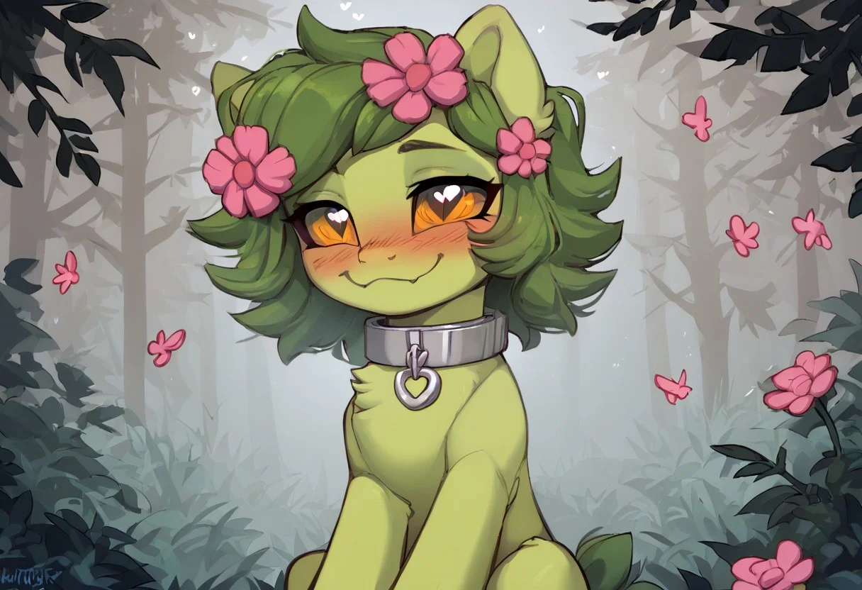 score_9, score_8_up, score_7_up, score_6_up, score_5_up, g4, pony from my little pony friendship is magic, big flanks, anatomically correct, forest green body, forest green fur, earth pony, floran, forest green mane and tail, mane and tail made of leaves, pink flower in mane, short mane, feminine mane, female mane, slit eyes, golden eyes, spiral pupils, cute, adorasexy, foal, colt, small cute colt, small cute cub, small colt, small foal, Smug, smug expression, smirk, bratty smirk, bratty submissive, bratty sub, hooded, cloak, hood, outdoors, woods, night time, night, dark forest, foggy, close up, solo, Forest green body, forest green fur, submissive, kind, smug, happy, cute, excited, excitement, eager, oversized collar, metal collar, iron collar, oversized slave collar, oversized metal collar, steel collar, silver collar, heart eyes, hearts in eyes, blushing, deep blush, heavy blush, dark blush, hearts in eyes, heart eyes, feral, feral pony, floran, solo