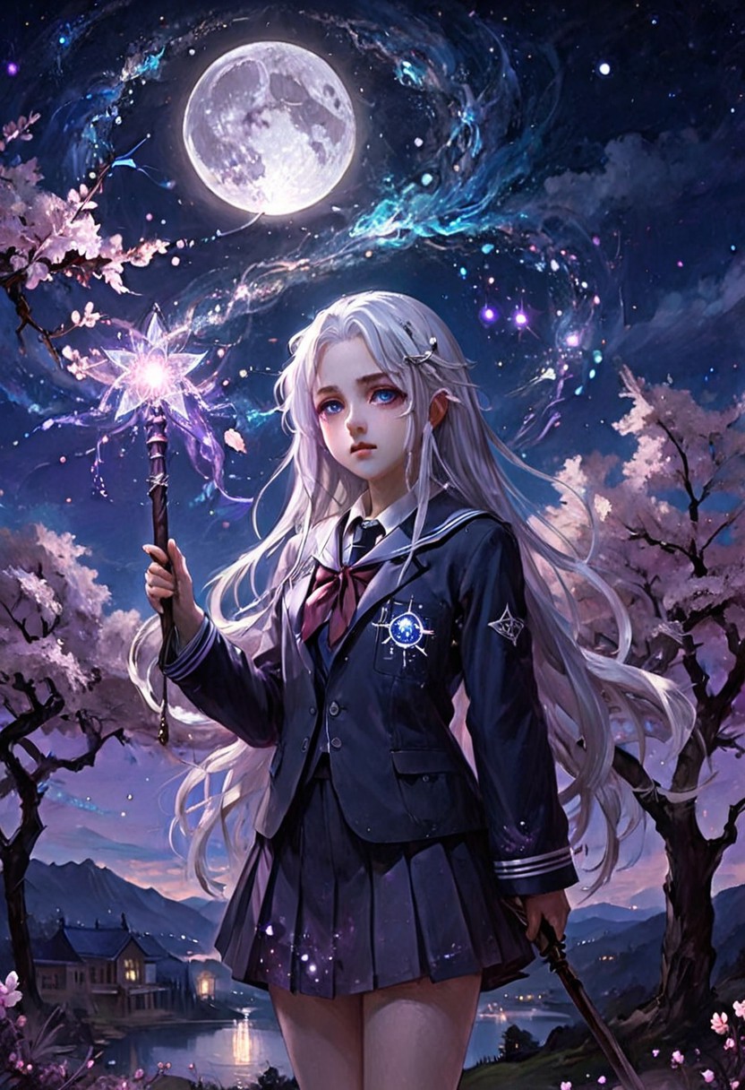 Mystical high-school girl with silver-white flowing hair and violet eyes, standing under a twilight sky filled with swirling constellations and glowing cherry blossoms; her school uniform softly glows with ethereal light, and she holds a celestial staff made of crystal and moonlight; the scene evokes serenity, mystery, and quiet strength — anime-style illustration with intricate details, soft lighting, and a dreamlike atmosphere.