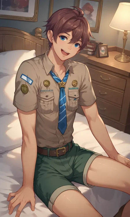 score_9, score_8_up, score_7_up, masterpiece, best quality, lots of details, ((1boy)), (slim:1.2), solo, seto, male focus, sitting, on bed, open mouth, smile, brown-grey shirt, belt, green shorts, blue neckerchief, short sleeves, shaded, detailed shading, detailed skin, shaded skin, realistic shading, looking at viewer, Expressiveh, countershading:1.1, bedroom, indoors, <lora:add-detail-xl:0.7>, <lora:Smooth Anime 2 Style SDXL_LoRA_Pony Diffusion V6 XL:0.8>, <lora:Expressive_H:0.7>, <lora:Seto_XL_V11:1>