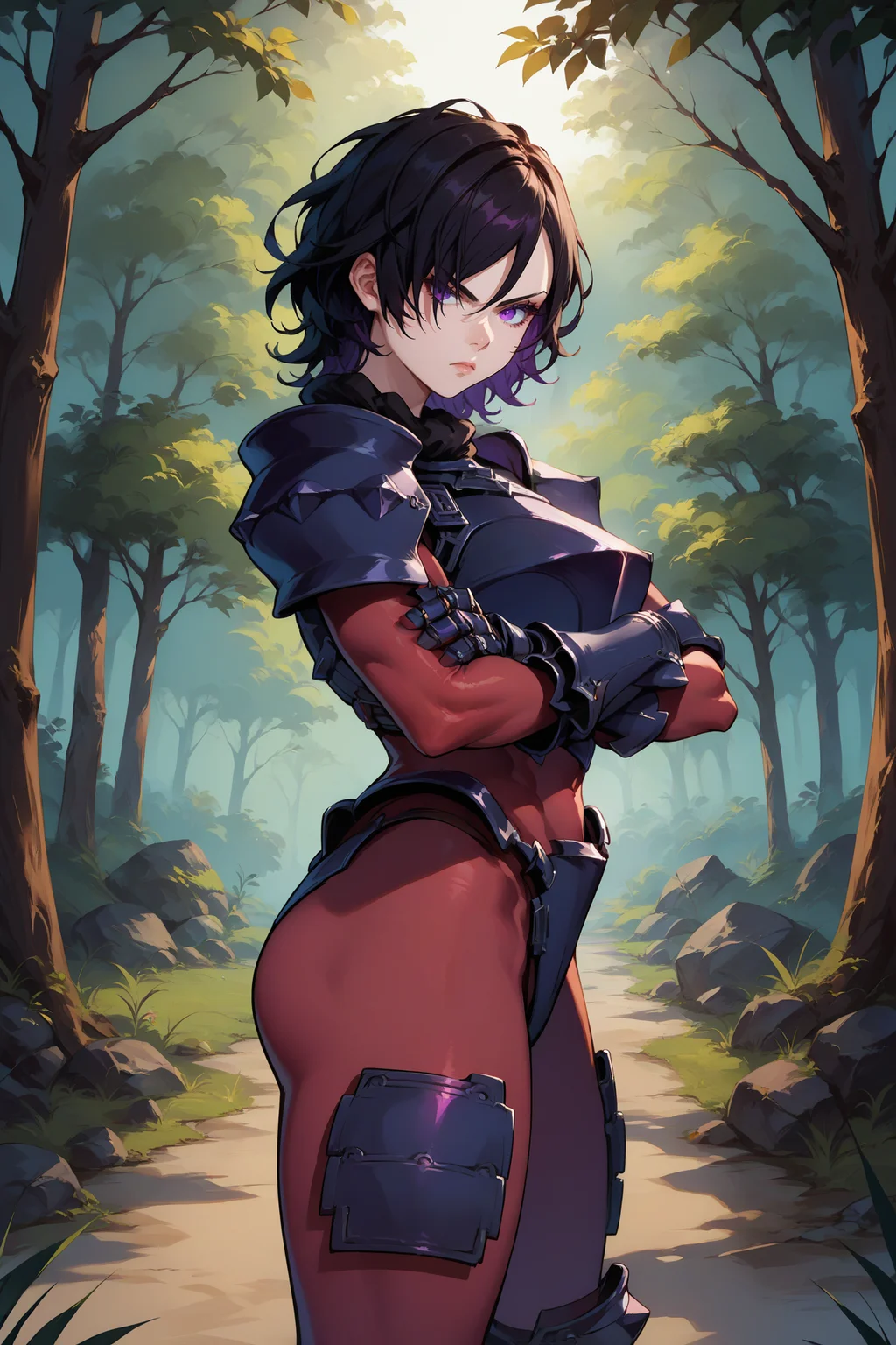 score_9, score_8_up, score_7_up, score_6_up, source_anime, 1girl, solo, <lora:berengaria-pdxl-nvwls-v1-000006:1> berengaria, black hair, short hair, purple eyes, hair over one eye, maroon bodysuit, long sleeves, black armor, gauntlets, big breasts, serious, from side, looking at you, crossed arms, forest, night