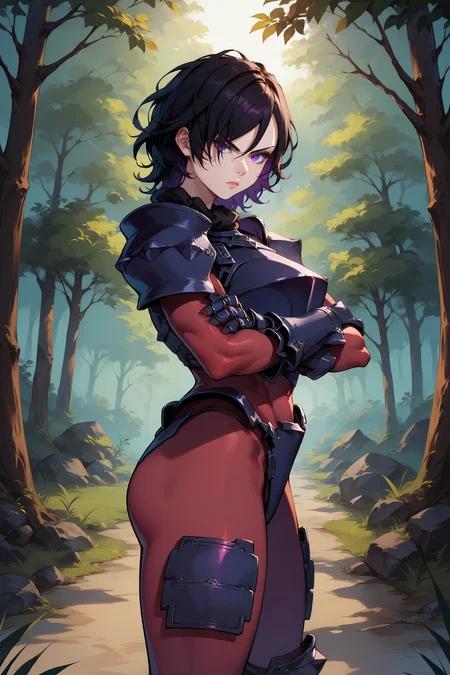 score_9, score_8_up, score_7_up, score_6_up, source_anime, 1girl, solo, <lora:berengaria-pdxl-nvwls-v1-000006:1> berengaria, black hair, short hair, purple eyes, hair over one eye, maroon bodysuit, long sleeves, black armor, gauntlets, big breasts, serious, from side, looking at you, crossed arms, forest, night