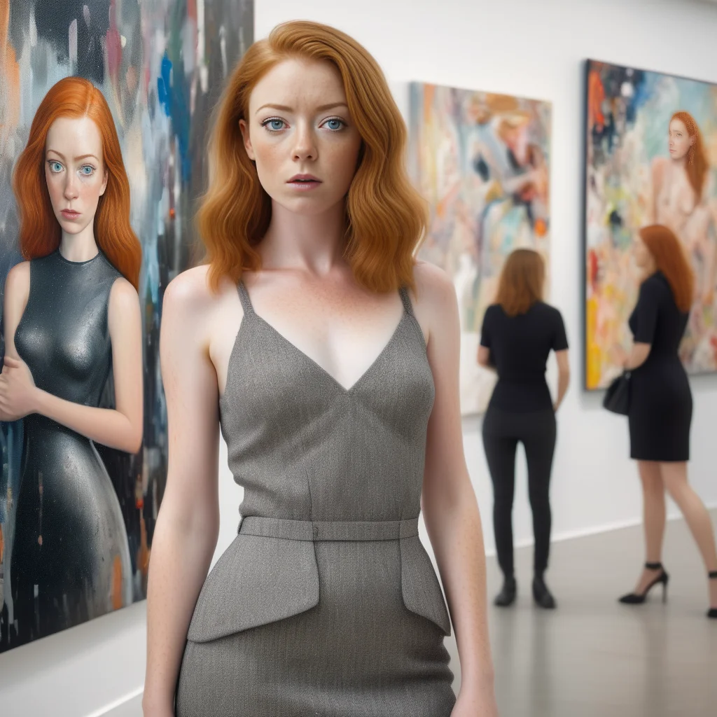 <lora:sophie-molgrin_xl:0.75> sophie-molgrin in a bustling art gallery, dressed in a chic, modern outfit. Sheâs standing in front of an abstract painting, admiring the artwork with an intrigued expression. The gallery space is filled with contemporary art pieces and a sophisticated crowd.