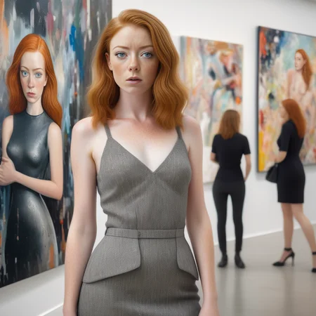 <lora:sophie-molgrin_xl:0.75> sophie-molgrin in a bustling art gallery, dressed in a chic, modern outfit. Sheâs standing in front of an abstract painting, admiring the artwork with an intrigued expression. The gallery space is filled with contemporary art pieces and a sophisticated crowd.