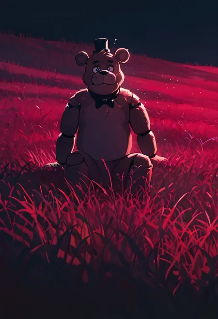 masterpiece, best quality, amazing quality, very aesthetic, absurdres, newest, detailed background,
cartoon, screencap, 
freddyit, 1boy, black mini top hat, black bowtie, bear ears, joints,  animatronic,
sitting on grass, large grasslands, red grass, deep red grass, black sky, grass blur, long grass, grass covering lower body,