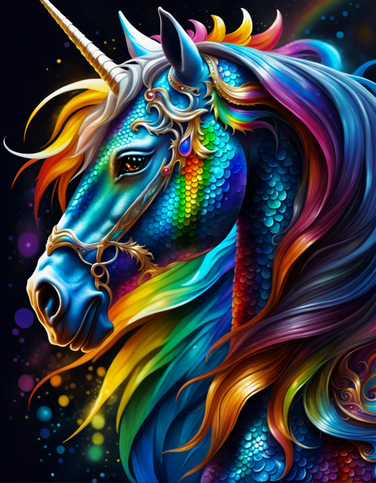 illustration concept art of a beautiful rainbow horse|dragon, scales, hybrid , flowing mane of paint, paint splatter breath, space background, highly detailed, intricate, amazing, trending, paint splatter, paint drops,<lora:DTStyle:1> DTstyle,