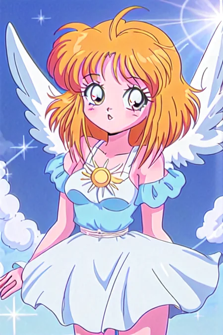 1girl, 80's anime style, <lora:TFM_FTA:0.7>, as an angel in a ray of sun, clouds, blue sky, shining satrs, sparkles, wings
