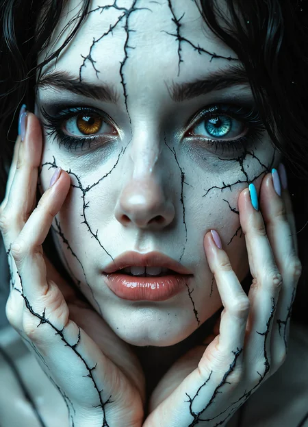Hyper-realistic close-up portrait of a face transformed into a haunting artwork. The skin is painted a stark, cracked white, resembling aged porcelain or parched earth. Intricate black lines, like thorny vines or barbed wire, crisscross the face in an unsettling pattern, creating a web of darkness against the pale backdrop. These lines are rendered with extreme detail, showing every twist and barb. The cracks in the white makeup are meticulously depicted, with fine lines branching out like lightning. Piercing, heterochromatic eyes dominate the image - one iris a deep amber, the other an icy blue - both surrounded by dramatically dark eye makeup. The eyes possess an otherworldly quality, reflecting an inner light that contrasts sharply with the ghostly pallor. Soft, pale pink lips provide a subtle touch of color. Long, slender fingers, also painted white and etched with the same black pattern, frame the face, adding to the surreal and slightly unsettling atmosphere. The fingertips gently touch the cheeks, creating an air of introspection or vulnerability. Every pore, eyelash, and subtle variation in skin texture is captured in exquisite detail, blending the line between makeup artistry and digital manipulation. The background fades into a soft, out-of-focus grey, keeping all attention on the hauntingly beautiful face.
