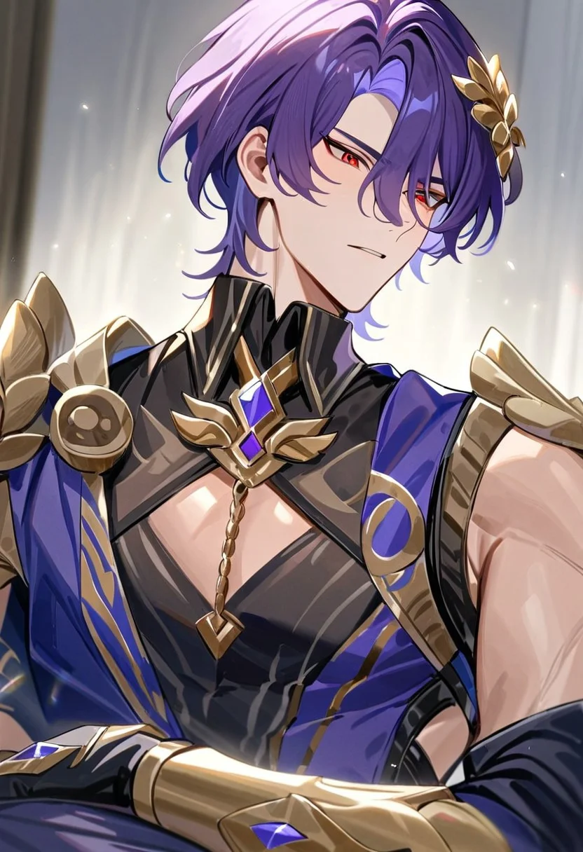 solo, 1boy, male focus, dr. ratio, red eyes, short hair, hair between eyes, hair ornament, purple hair, black shirt, clothing cutout, pectoral cleavage, sleeveless shirt, black gloves, fingerless gloves, masterpiece, best quality, very aesthetic, absurdres