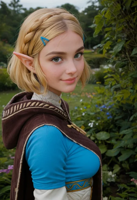 score_9, score_8_up, score_7_up, score_6_up, score_5_up, score_4_up, 1girl, outdoors, (blonde:1.4), royal garden, (view from side:1.4), looking at viewer, medium breasts, princess zelda, facing viewer, subtle smile, capelet, blue shirt, black leggings, hairclips view of hyrule in distant background, relaxed shoulders, head tilted back