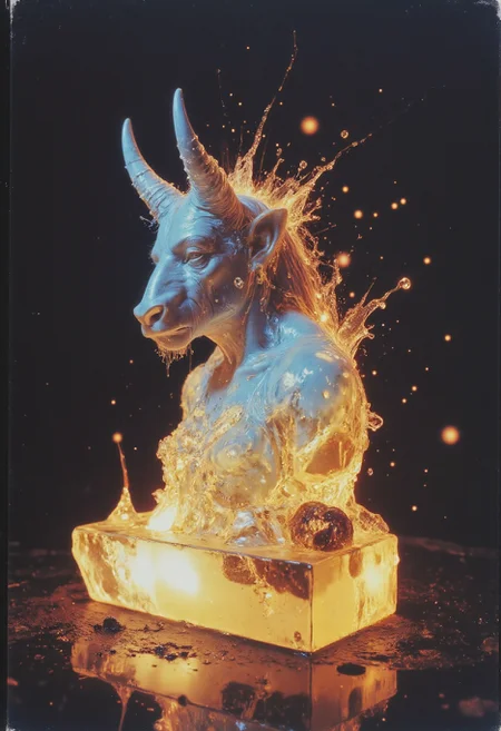 cheapo. A 1990s analog style photo, found footage, disposable camera, lomography. symmetrical composition. honey gold and olympian blue color blocking digital painting, head and shoulders translucent ice sculpture of an anthropomorphic minotaur goddess, low lit darkness, astral, space, ice explosion, paint smudges, wet, paint drops, splashes, impasto, maximum details, art by Charlie Bowater and Anna Dittmann and Henry Asencio
<lora:lora.TA_trained:0.8>
