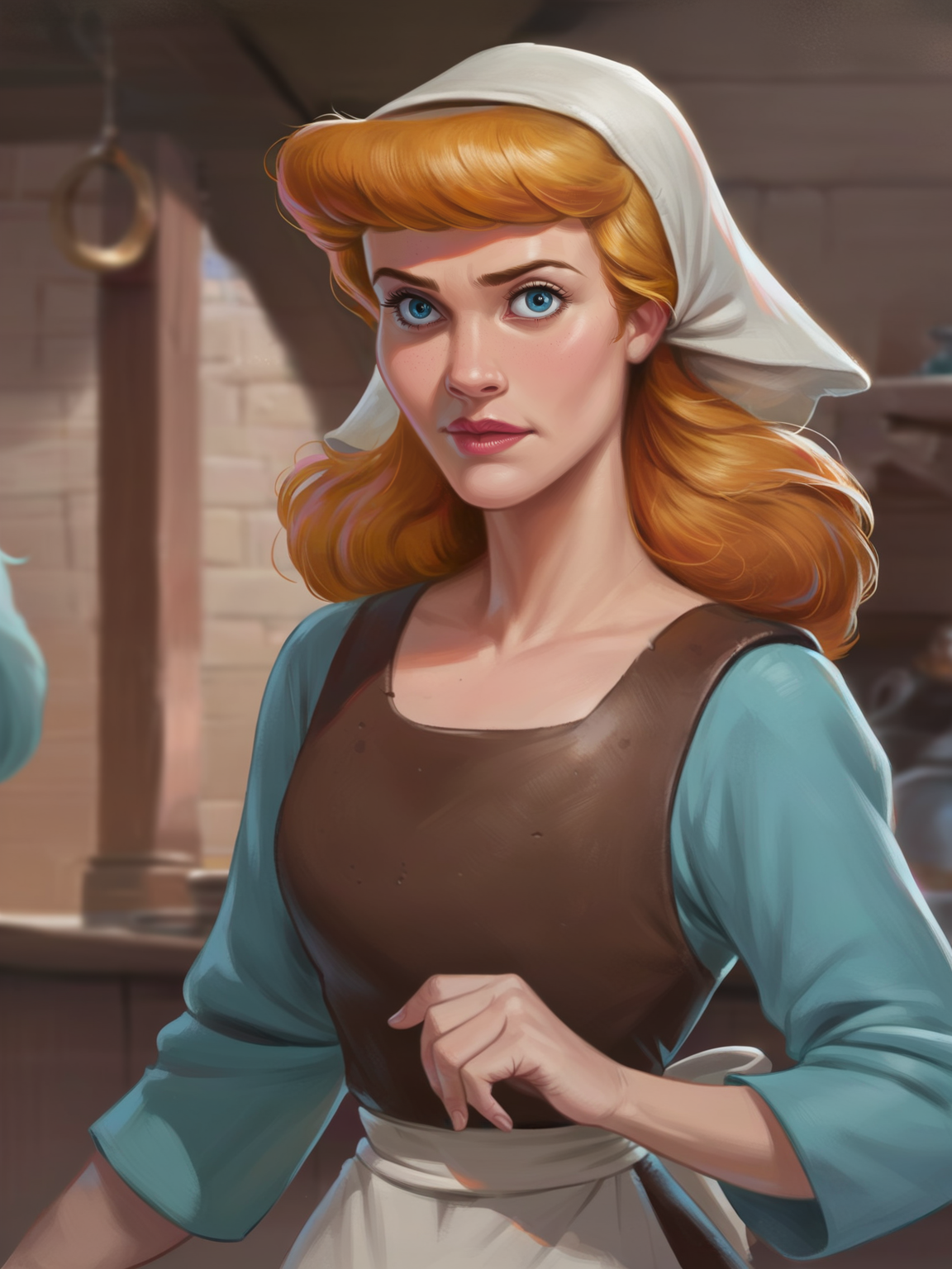 <lora:Sinderella:0.5> si_la, 1girl, fair skin, pink lips, blue eyes, golden blonde hair, medium-length hair, bangs, dark brown bodice with light aquamarine sleeves and a brown skirt, white apron,  white kerchief, <lora:Concept Art Brush Style LoRA_Pony XL v6:0.9> realistic, concept art, digital art, score_9, score_8_up, score_7_up,