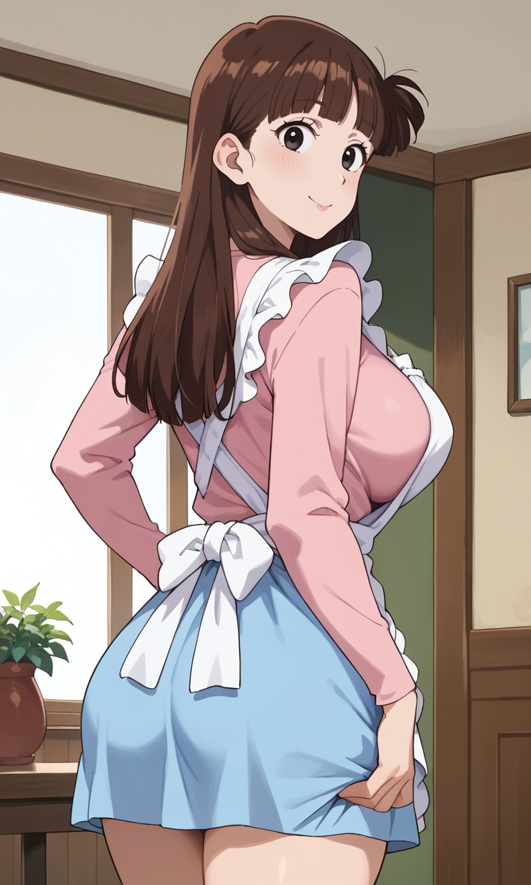 (1girl:1.5), (solo:1.3), (score_9, score_8_up, score_7_up, score_6_up, score_5_up, score_4_up), (source_anime), rating_questionable, looking at viewer, (cowboy shot:1.3), smile, indoors, room, standing, dancing, 
(sakurada-moeko), (black eyes, eyelashes, brown hair, long hair, parody hair, voluminous bangs, fluffy bangs, mature female), (white frilled apron, full cover apron, pink shirt, long sleeves, light blue skirt), (huge breasts, wide hips, thick thighs), <lora:sakurada-moeko_v1:0.7>,  (looking at viewer, looking back, from behind:1.5)