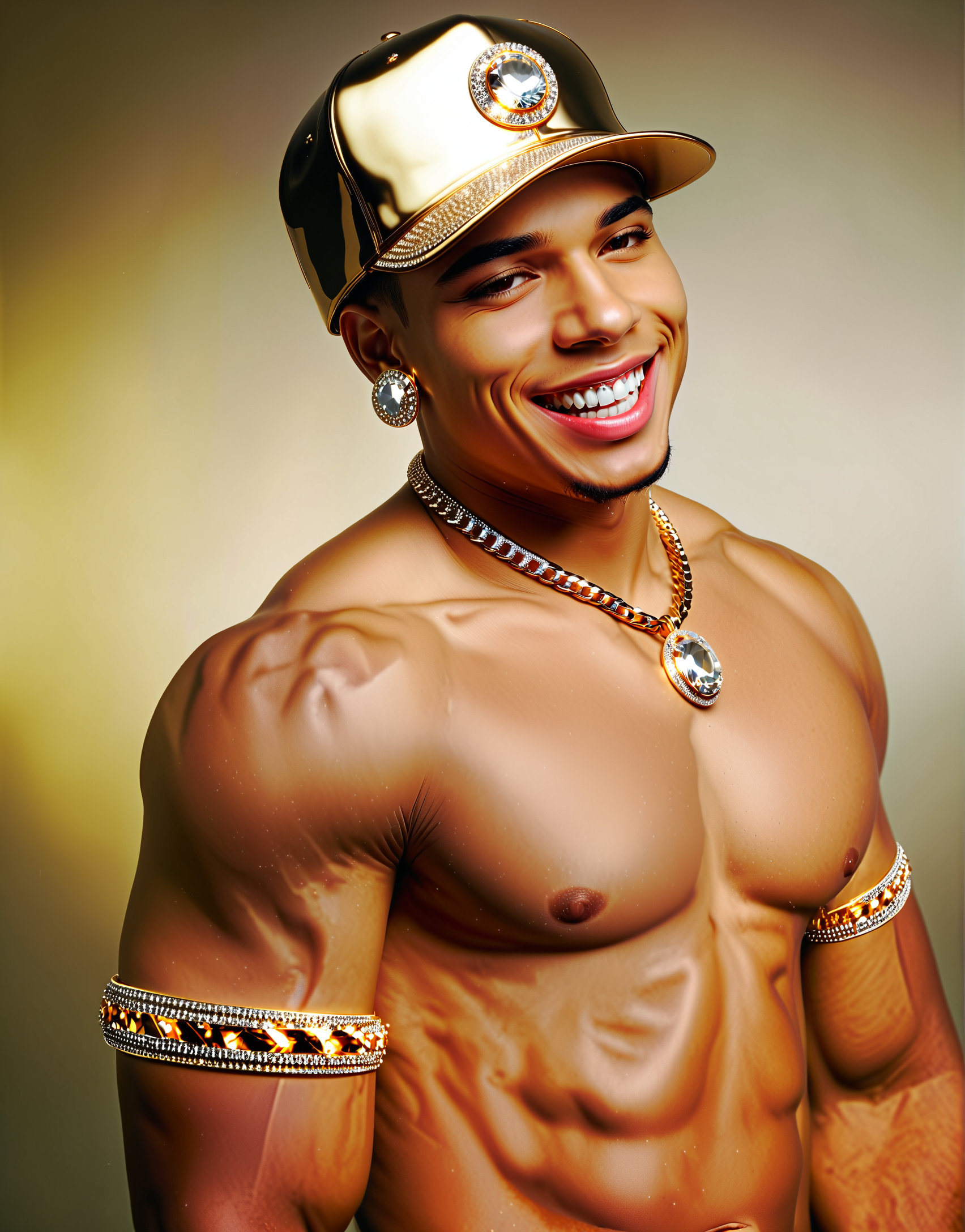 UHD, 8K, ultra detailed, highly realistic photo of UHD, 8K, ultra detailed, highly realistic photo of solo, attractive toned Latino Hispanic man looking at viewer, smile, open mouth, black hair, 1boy, hat, jewelry, nipples, upper body, male focus, earrings, blingbling teeth teeth, chain necklace, muscular, facial hair, dark-skinned male, pectorals, muscular male, bara, baseball cap, beard, realistic, blingbling, armbandz armband, (high resolution 8K photo quality:1.3), blingbling, (high resolution 8K photo quality:1.3)