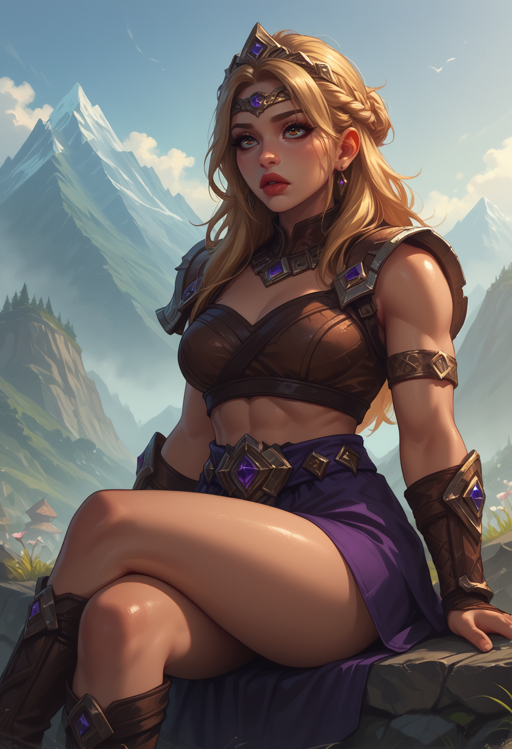 safe_pos, score_9, score_8_up, score_7_up, source_anime, source_western, source_comic BREAK 1girl, solo, dwarf, medium ash_blonde hair, french braid hair with tiara, brown eyes, , Tan skin, muscular body, perky breasts BREAK <lora:Dwarf_r2:1.0> Dwarf, short stature, big nose, fantasy BREAK fantasy, (content:1.0), eye roll, outside, mountains, sitting, crossed legs, brown tankini top, purple skirt, shiny lips BREAK ((dynamic angle)), dramatic lighting BREAK <lora:vivid_everclear:0.4> <lora:RELSM_v1:0.5> <lora:FantasyGPT4VLycoXL:0.6> <lora:FNTS:0.6> FNTS, <lora:Expressive_H:0.6> Expressiveh, <lora:pony_good_hands:0.7> good_hands BREAK <lora:reij-ca:0.7> reij-ca, brown neon grading