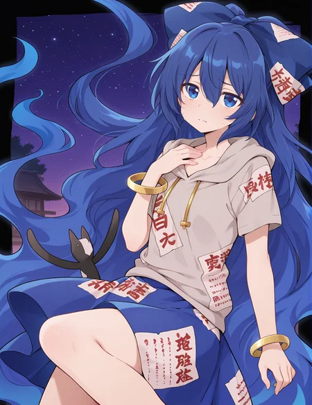 absurdres, highres, masterpiece, best quality, amazing quality, official anime artwork, screencap, anime screencap, dynamic pose, looking at viewer, 
 <lora:Shion-Yorigami-Illustrious:1> yorigami shion, 1girl, solo, blue eyes, blue hair, long hair,, hair bow, grey hoodie, short sleeves, blue skirt, bracelet, 
night, starry sky, star, worried, hand on neck,