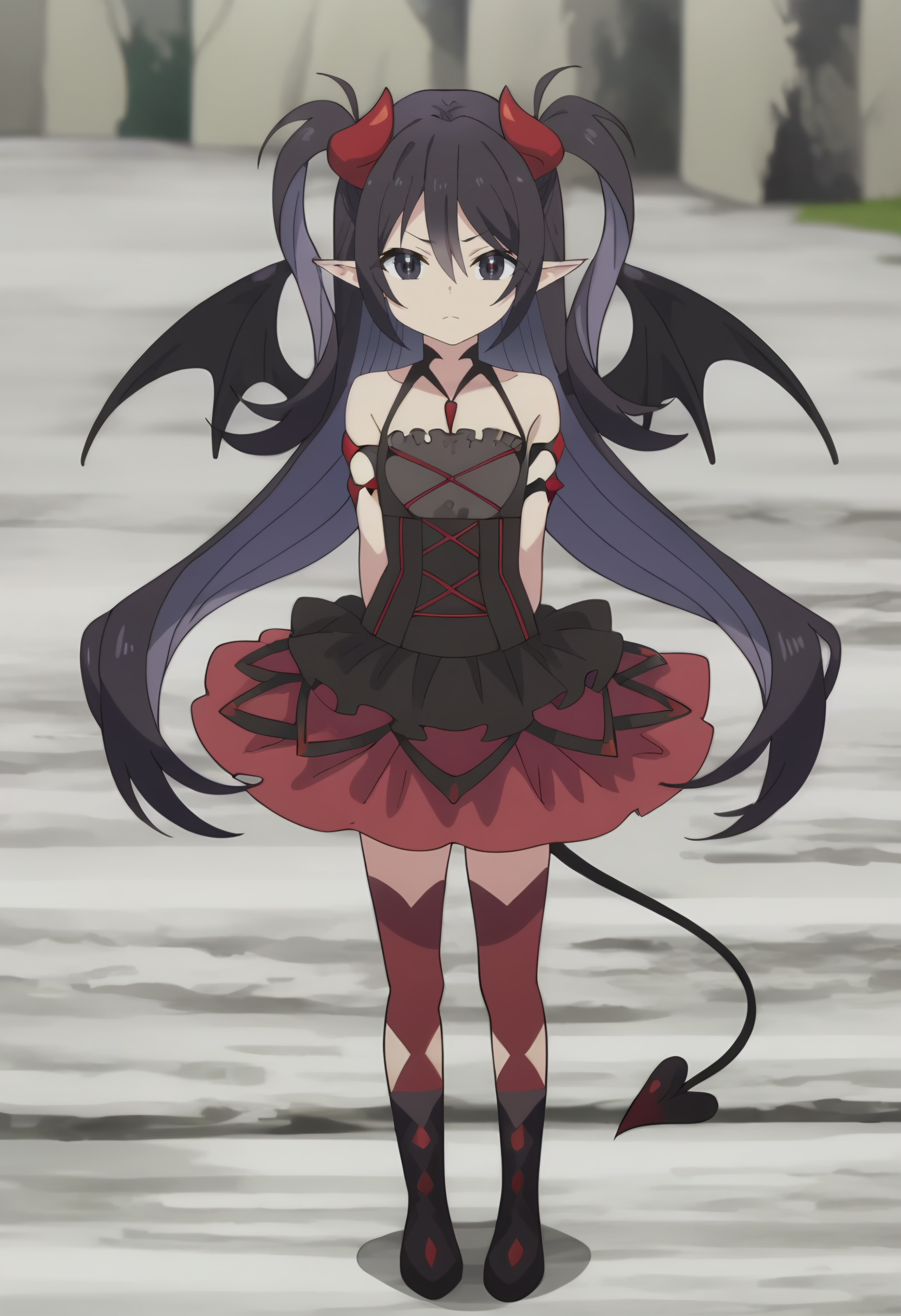 <lora:Luceria:0.9>Luceria, 1girl, solo, long hair, pointy ears, black hair, demon girl, demon horns, demon wings, two side up, black eyes, hair between eyes,   demon tail  ,  bare shoulders, black dress,skirt,  frills,   thighhighs , black footwear, boots,       looking at viewer, score_9, score_7_up,anime coloring ,source_anime, anime, anime screencap