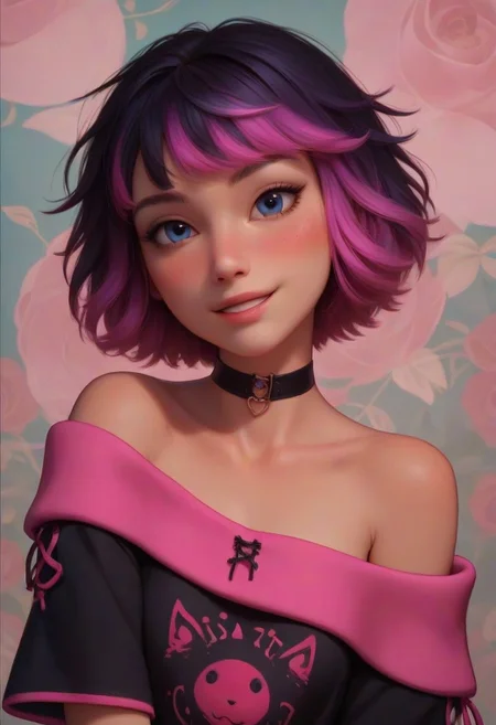 score_9, score_8_up, score_7_up, Roxy Spaulding, 1girl, 18 years old, perfect face, cute, petite, cute face, (detailed background, cozy interior background:1.5), focus on her adorable face, medium distance, multicolored hair, black hair, purple hair, pink hair, short hair, black choker, oversized top hanging off shoulder, bare shoulder, short sleeves, arm warmers, black clothes, pink clothes, 90's fashion, blush, shy smile, detailed face,