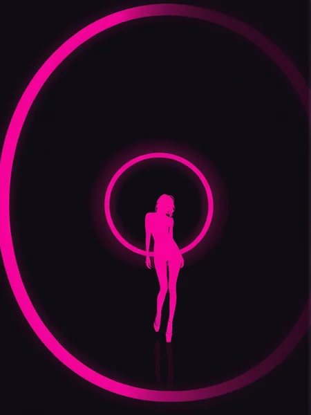 A very detailed dark photo, one woman(silhouette:1.25), dark background, (blacklight illumination:1.1), (dark energy:1.2), vibrant magenta hues, (portal to another world:1.1), extremely detailed, intricate design, (limited palette:1.1), predominant pink tones,