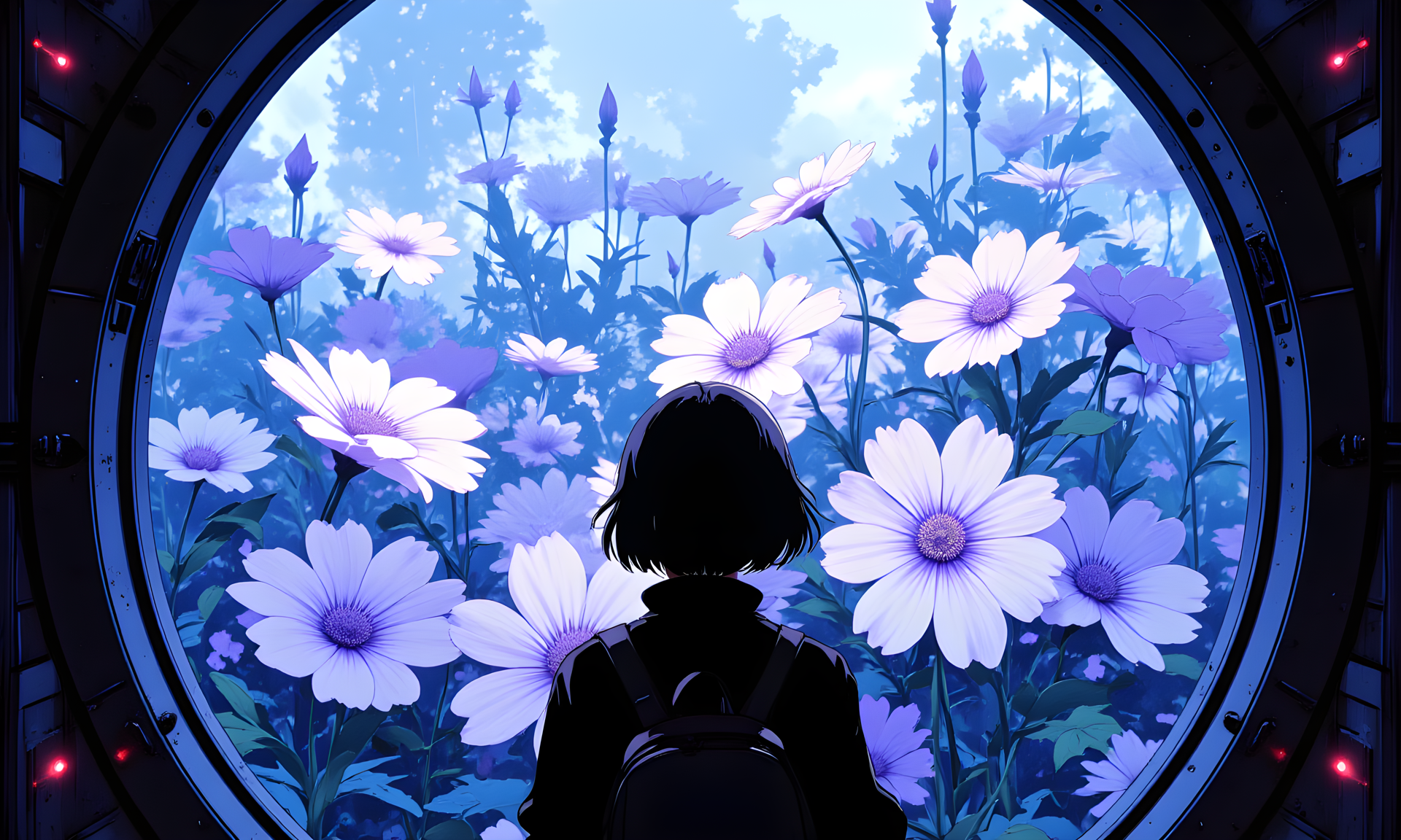 an artistic illustration of a person with short dark hair standing in front of a large circular window or portal the window is filled with an ethereal scene of oversized white and purple flowers with intricate petals and green foliage the background behind the flowers appears to be a glowing blue light giving the scene a dreamy and otherworldly atmosphere the person is wearing a black outfit and has a backpack on their shoulders they are facing away from the viewer looking into the window the overall color palette is dominated by shades of blue and purple creating a serene and mystical mood.
j_art, j_anime, UNI_SCI_FI_CORE, <lora:FLUX\UNI_FI_NoCAP:0.7>, <lora:FLUX\jul\J_Anime:0.7>, <lora:FLUX\RealAnime:0.7>