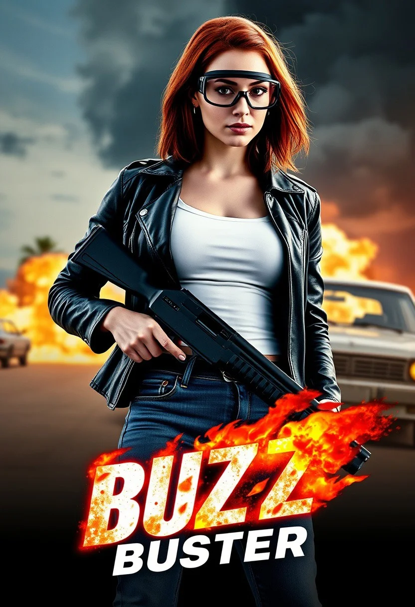 A poster for a series called BUZZ busters.
A beautiful woman with shoulder length red hair is wearing jeans, a white tight fitting top that highlights her full breasts, a black leather jacket and safety goggles.
She is holding a shotgun.
The background shows an exploding car in the distance.
The shows logo shown at the bottom of the poster is fiery sign spelling BUZZ busters.
