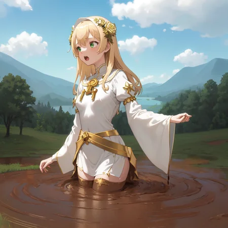 masterpiece, best quality, digital art, deviantart, 1girl, golden hair, medium breasts, small waist, white dress, gold ornaments, priestess, green grass, hills in the distance, trees, flowers, blue sky, partially submerged, brown mud, mud bog, sticks mud, scared, worried, screaming, close up