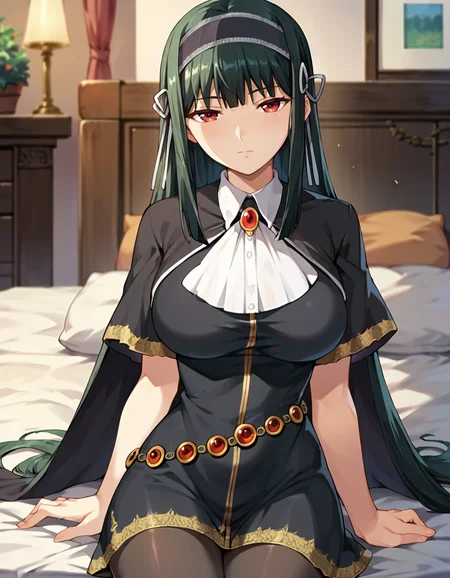 score_9,score_8_up,score_7_up,score_6_up,score_5_up,score_4_up,1girl, <lora:shinra_kuonji:0.75> shinra_kuonji,big breasts,hair band,cape,brooch,black dress, short sleeves, jewelry,pantyhose, black pantyhose,looking at viewer,