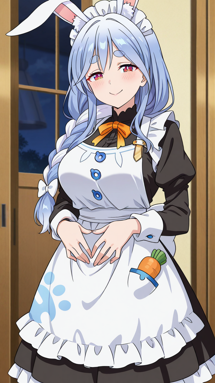 smile, solo,, masterpiece, best quality, amazing quality, very aesthetic, absurdres, newest, anime screencap, <lora:pekomamaILM:1>, pekomama, mature female, rabbit girl, rabbit-shaped pupils, short eyebrows, braided ponytail, rabbit ears, thick eyebrows, animal ear fluff, braid, red eyes,, maid, maid apron, frills, frilled dress, black dress, maid headdress, modern house,