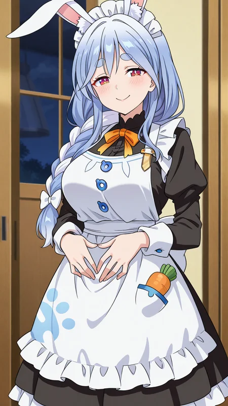 smile, solo,, masterpiece, best quality, amazing quality, very aesthetic, absurdres, newest, anime screencap, <lora:pekomamaILM:1>, pekomama, mature female, rabbit girl, rabbit-shaped pupils, short eyebrows, braided ponytail, rabbit ears, thick eyebrows, animal ear fluff, braid, red eyes,, maid, maid apron, frills, frilled dress, black dress, maid headdress, modern house,