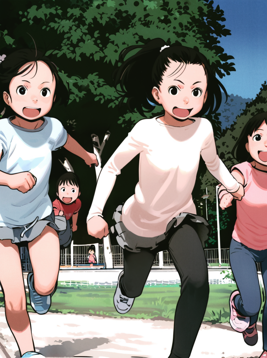 masterpiece, best quality, <lora:comiclo-xl-a3.1:1>,multiple girls, skirt, 4girls, smile, swing, open mouth, short hair, black hair, outdoors, tree, ponytail, child, pants, 5girls, running, jumping, day, black eyes