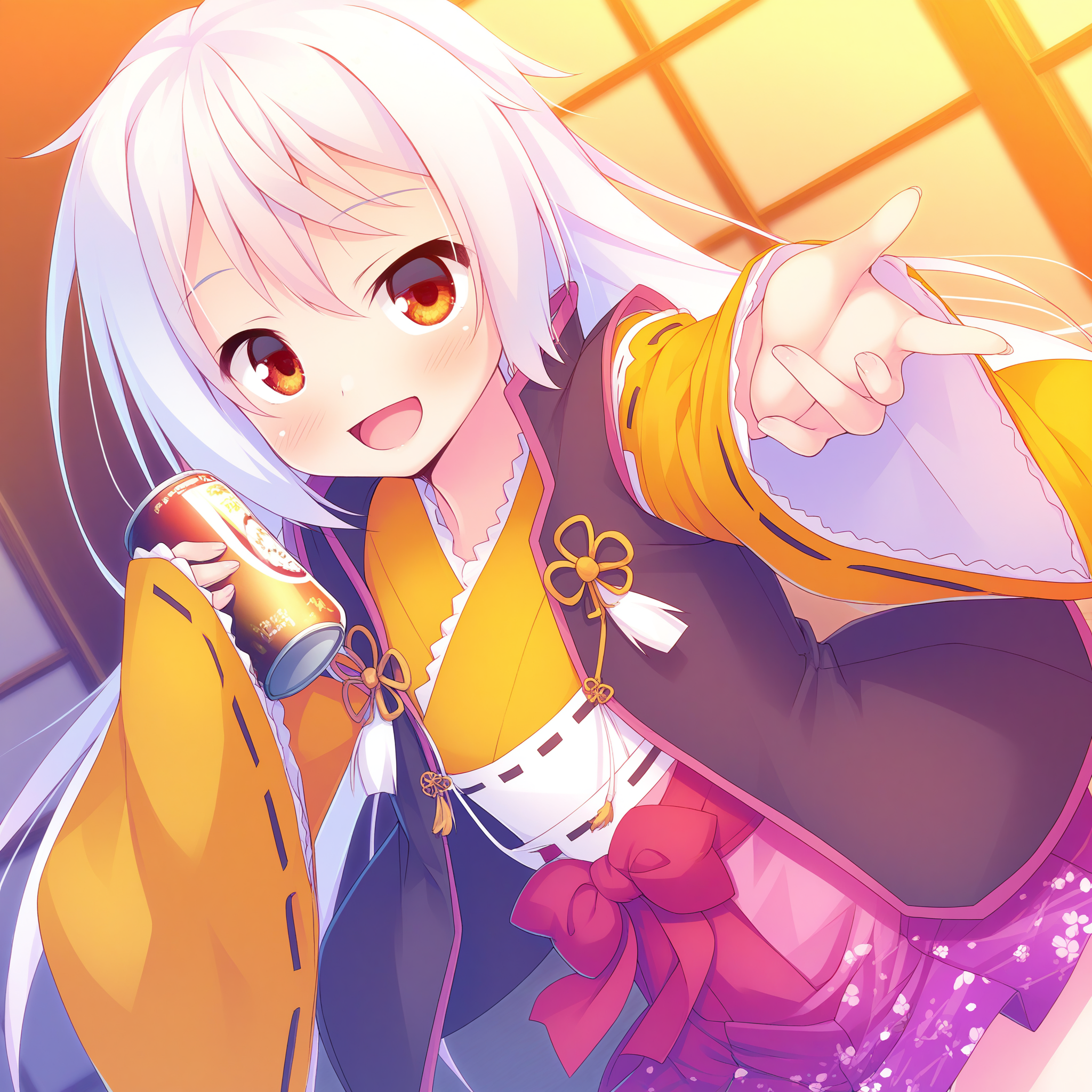 <lora:Tokugawa_Mitsukuni_1_ill-000035:1>,Tokugawa Mitsukuni,
japanese clothes,sleeves past wrists,hakama skirt,hakama,wide sleeves,yellow kimono,pink skirt,official outfit,ribbon-trimmed sleeves,long sleeves,floral print,ribbon trim,
BREAK
1girl,solo,smile,open mouth,reaching towards viewer,holding_can,