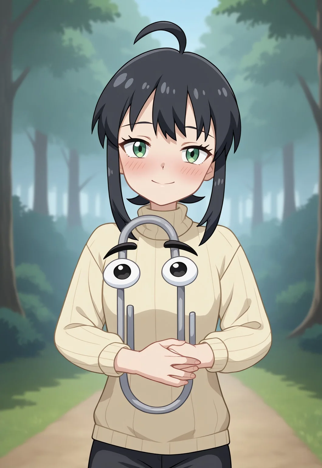 (source_anime, score_9, score_8_up, score_7_up:1), pmandgal, hugging, 1girl, 1boy, female human, male cl1ppy, pokemon (creature), black hair, green eyes, beige sweater, looking at viewer, outdoors, forest, pokemon \(classic anime\), anime screencap, rating_safe