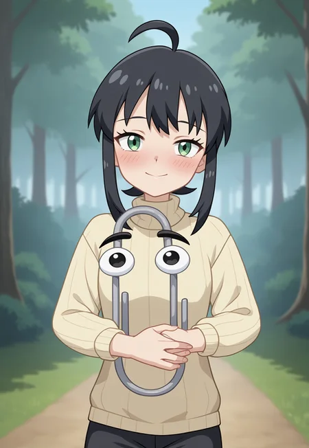 (source_anime, score_9, score_8_up, score_7_up:1), pmandgal, hugging, 1girl, 1boy, female human, male cl1ppy, pokemon (creature), black hair, green eyes, beige sweater, looking at viewer, outdoors, forest, pokemon \(classic anime\), anime screencap, rating_safe