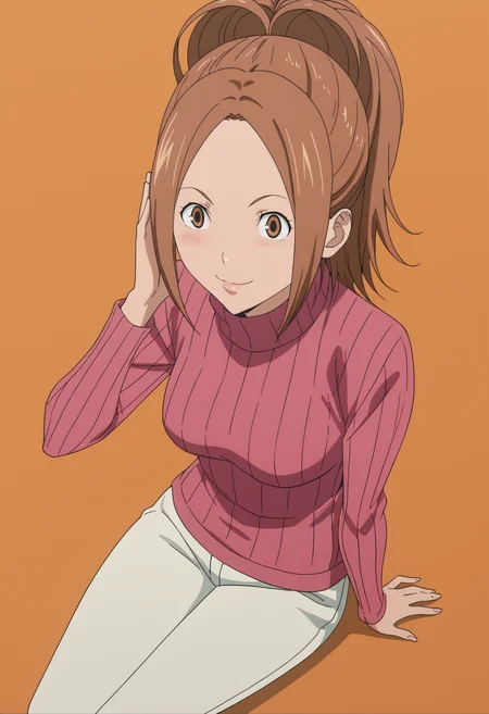 score_9, score_8_up, score_7_up, BREAK, 1girl, anime screencap , <lora:DX888Kaya:1> miyoshi kaya, brown hair, brown eyes,, ponytail, turtleneck sweater, pants, smile, BREAK orange background, pastel background, solo, sitting, from above, salute, thighs,