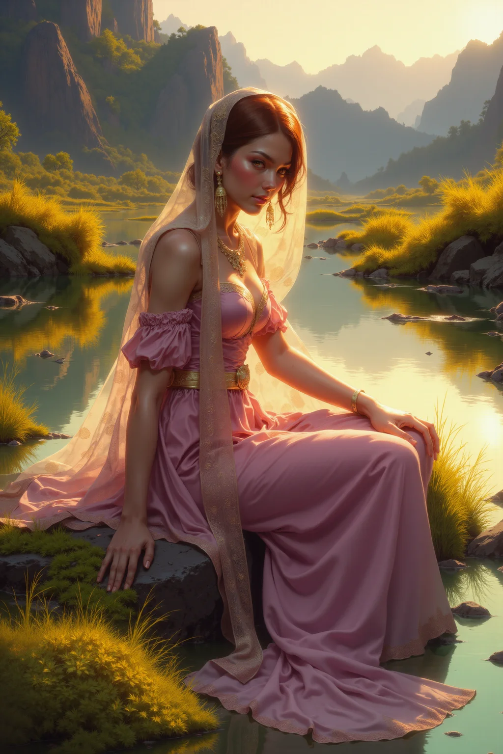 <lora:FANCHA_style:0.9> FANCHA style detailed digital artwork.
The scene depicts a serene and dreamlike landscape, where a woman dressed in an elegant pink gown sits gracefully by the edge of a tranquil waterbody. Her attire is richly detailed, with gold embroidery tracing intricate patterns along the edges of her flowing dress. The fabric gathers in soft folds around her, catching the light with a subtle sheen. A delicate veil, also adorned with golden accents, frames her face and drapes lightly over her shoulders, adding a sense of modesty and ethereal beauty. She leans slightly to one side, her hand touching the ground gently as if connected to the natural world around her. Her face, soft and contemplative, is adorned with intricate jewelry, including dangling earrings and a finely wrought necklace that glimmers faintly. Strands of her auburn hair escape from beneath the veil, dancing in the light breeze. The setting sun bathes her in a warm, golden light, highlighting her serene expression and creating a luminous glow around her figure. The environment is a rich tapestry of colors and textures, with the water reflecting soft tones of green and yellow, mingled with the cooler blues of the sky. Vibrant shrubs and grasses in shades of gold and green surround the water, their textures rendered in expressive, painterly strokes. Beyond the immediate foreground, towering dark mountains loom in the background, their rugged forms painted with deep purples and blues, contrasting against the soft vibrancy of the lower landscape. The composition captures the peaceful harmony between the woman and her surroundings, blending natural beauty with a sense of quiet introspection. The painterly style, with its vibrant color palette and dynamic brushwork, evokes a sense of both realism and impressionistic wonder, inviting the viewer into this tranquil and luminous world.